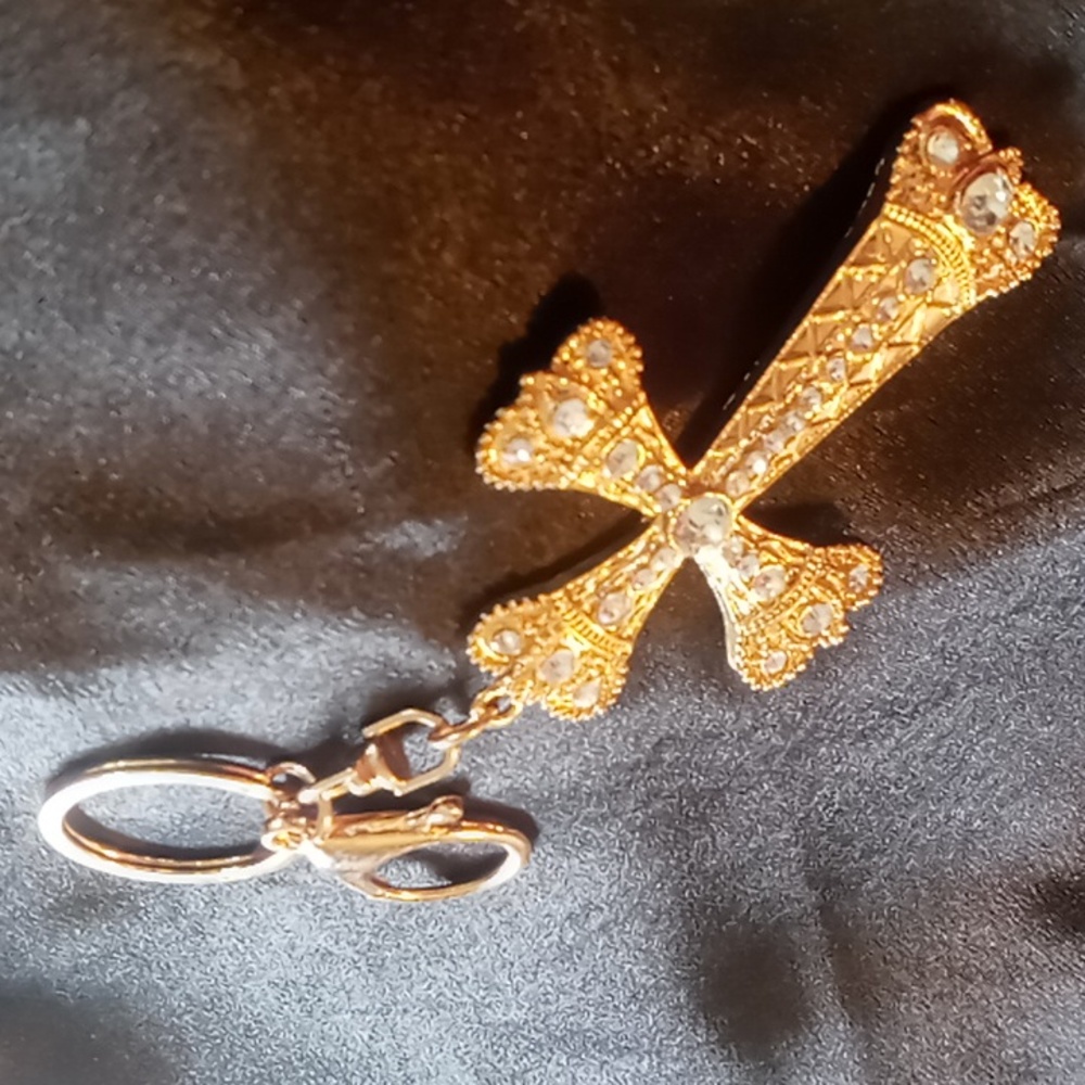 Gold kings crown cross with crystals key chain with large lobster clasp